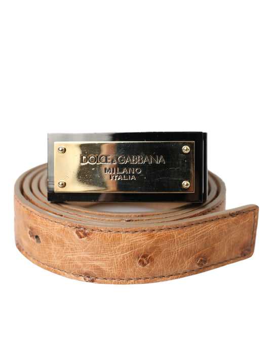 Dolce &amp; Gabbana – Beigefarbener Ledergürtel mit goldfarbener Logo-Gravur
