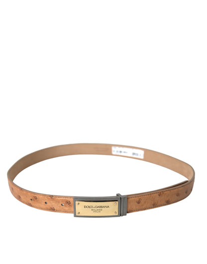 Dolce &amp; Gabbana – Beigefarbener Ledergürtel mit goldfarbener Logo-Gravur