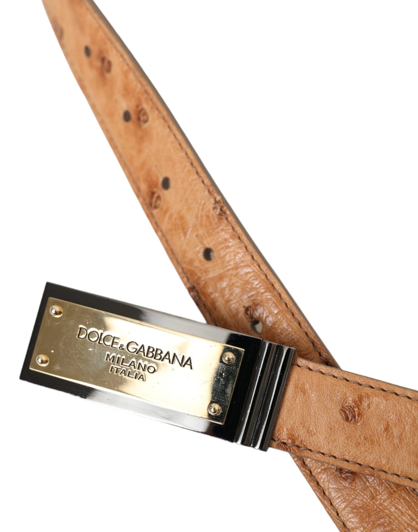 Dolce &amp; Gabbana – Beigefarbener Ledergürtel mit goldfarbener Logo-Gravur