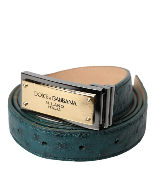 Dolce &amp; Gabbana – Grüner Ledergürtel mit goldener Logo-Gravur und Schnalle
