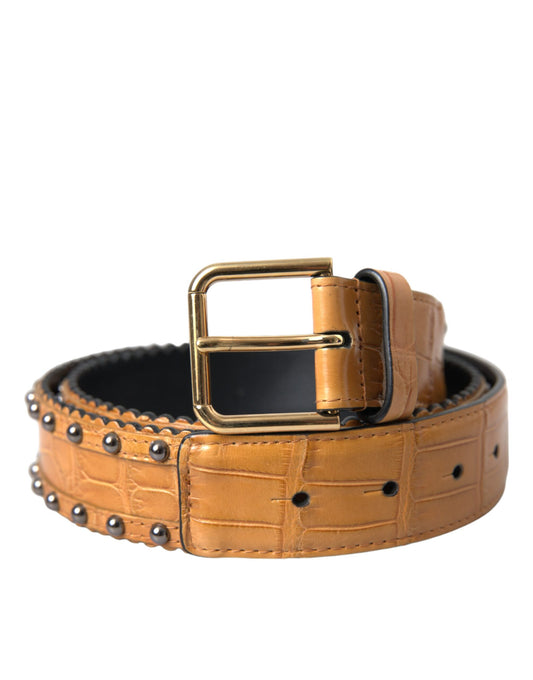 Dolce &amp; Gabbana Beigefarbener Gürtel aus Alligatorleder mit Metallschnalle und Nieten