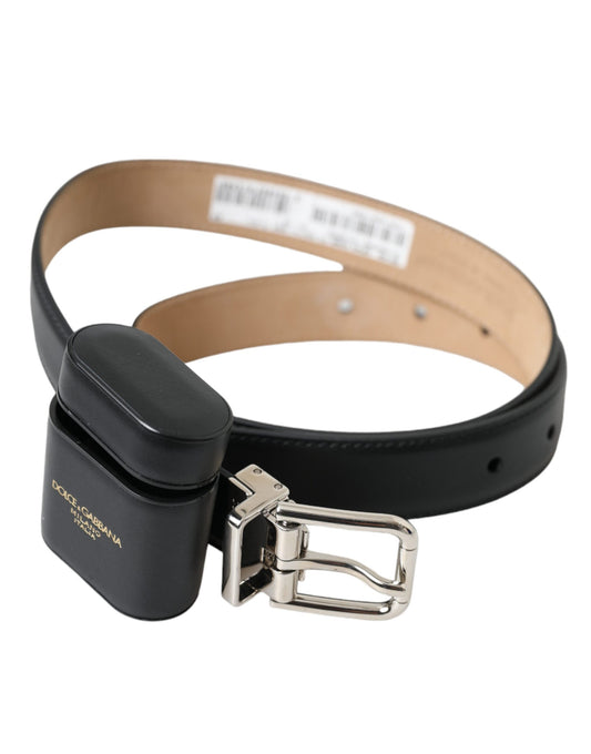 Dolce &amp; Gabbana – Schwarzes Airpods-Etui aus Leder mit silberner Schnalle