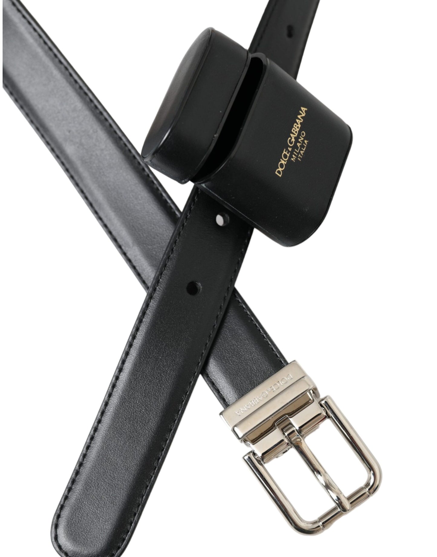 Dolce &amp; Gabbana – Schwarzes Airpods-Etui aus Leder mit silberner Schnalle