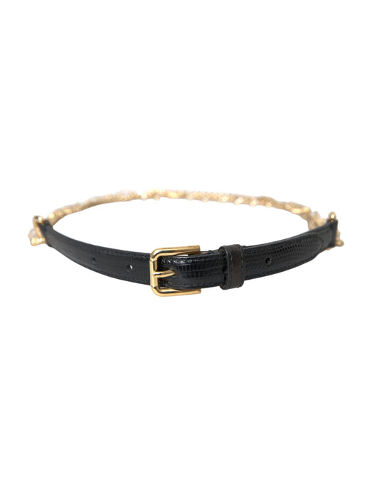 Dolce &amp; Gabbana Schwarzer Ledergürtel mit Goldkette und Kristallen