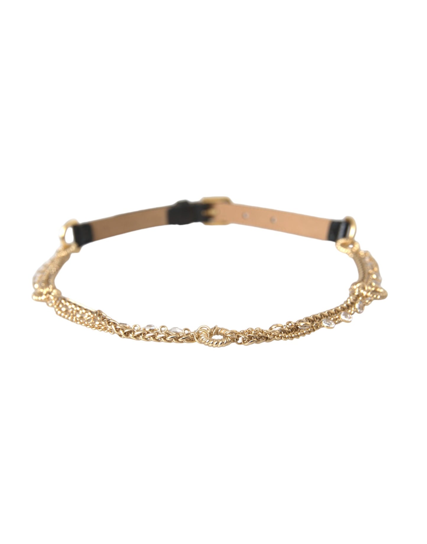 Dolce &amp; Gabbana Schwarzer Ledergürtel mit Goldkette und Kristallen