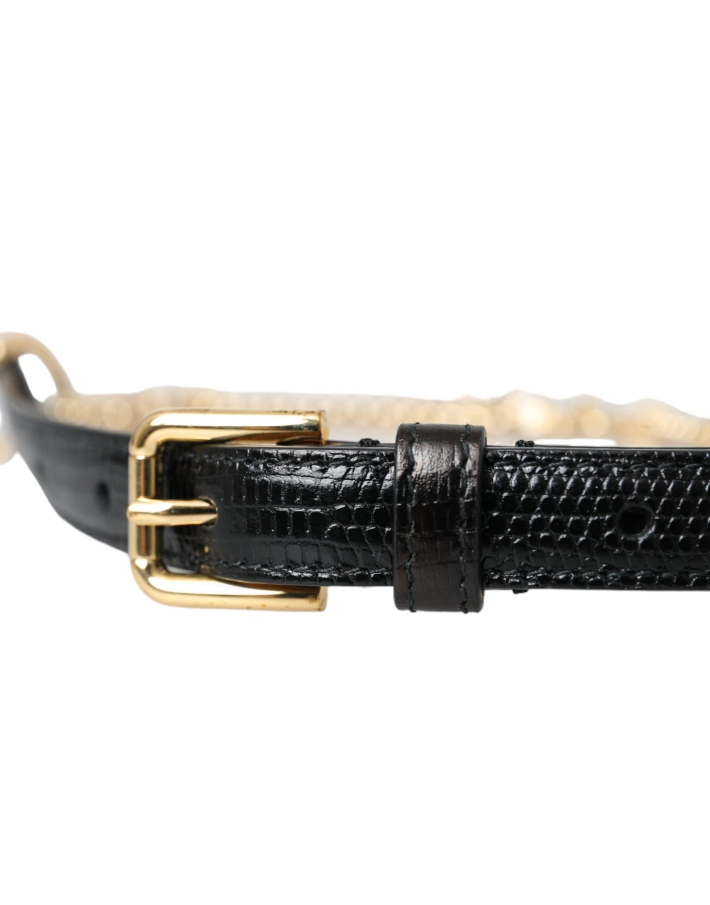 Dolce &amp; Gabbana Schwarzer Ledergürtel mit Goldkette und Kristallen