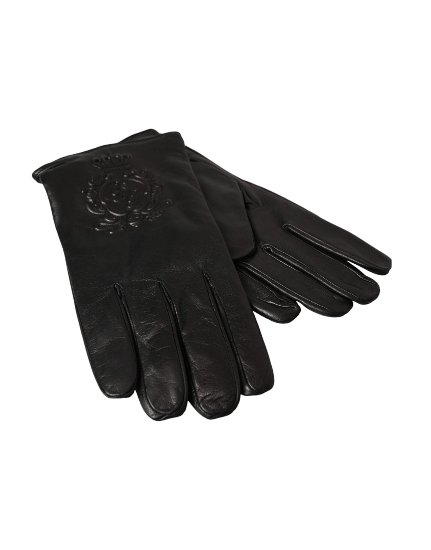 Dolce &amp; Gabbana – Kurze Handschuhe aus schwarzem Leder mit geprägtem Logo