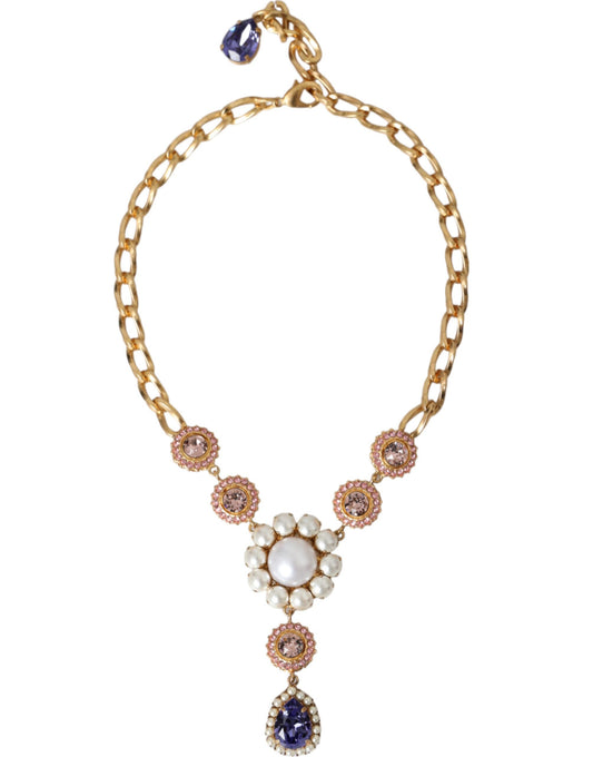 Dolce &amp; Gabbana Halskette mit Anhängern aus goldenem Messing mit Kristallen, lila und rosa Perlen