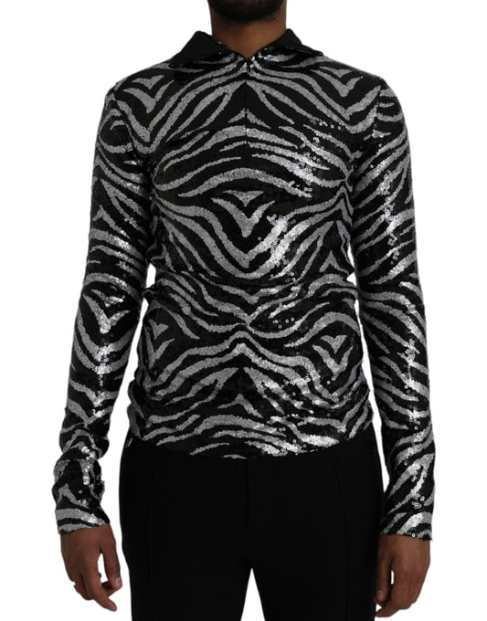 Dolce &amp; Gabbana Schwarz-silberner Polyesterpullover mit Pailletten