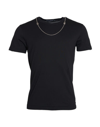 Dolce &amp; Gabbana – Schwarzes, kurzärmliges T-Shirt aus Baumwolle mit silberner Kette
