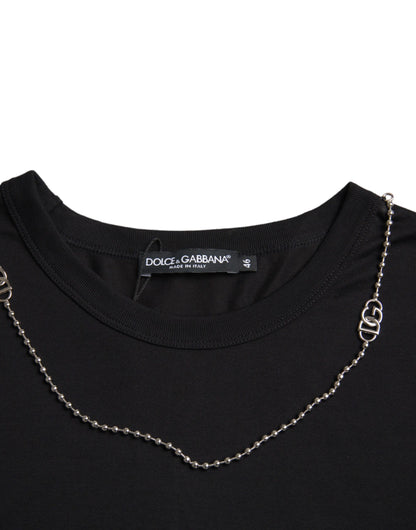 Dolce &amp; Gabbana – Schwarzes, kurzärmliges T-Shirt aus Baumwolle mit silberner Kette