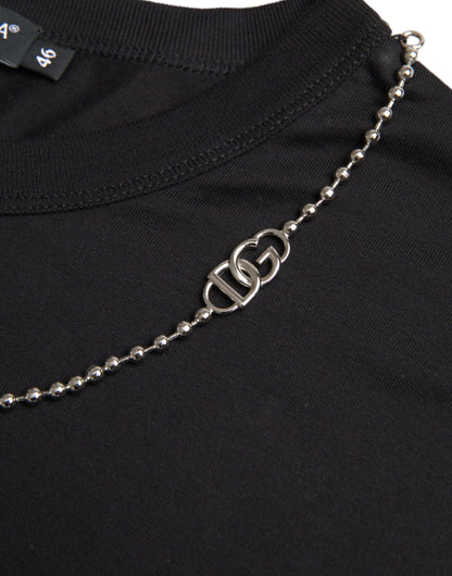 Dolce &amp; Gabbana – Schwarzes, kurzärmliges T-Shirt aus Baumwolle mit silberner Kette