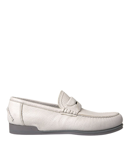 Dolce &amp; Gabbana White Gray Leather Slip Moccasin Shoes Loafer