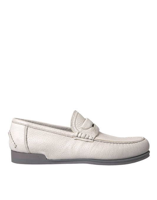 Dolce &amp; Gabbana White Gray Leather Slip Moccasin Shoes Loafer
