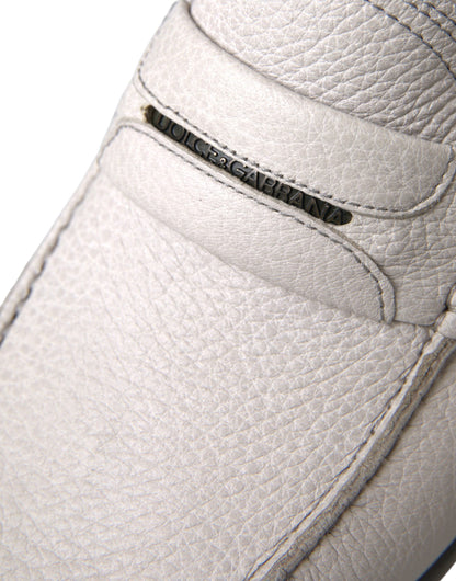 Dolce &amp; Gabbana White Gray Leather Slip Moccasin Shoes Loafer