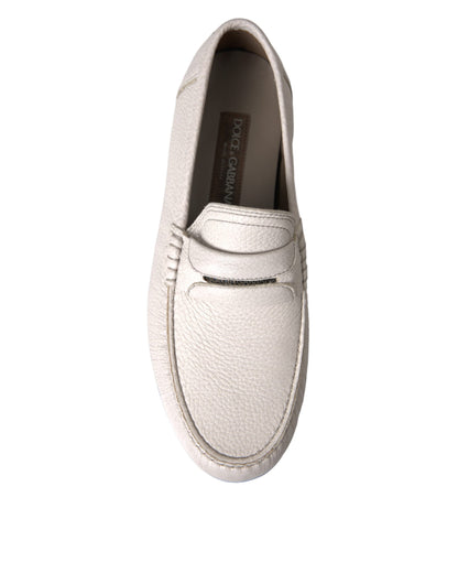 Dolce &amp; Gabbana White Gray Leather Slip Moccasin Shoes Loafer