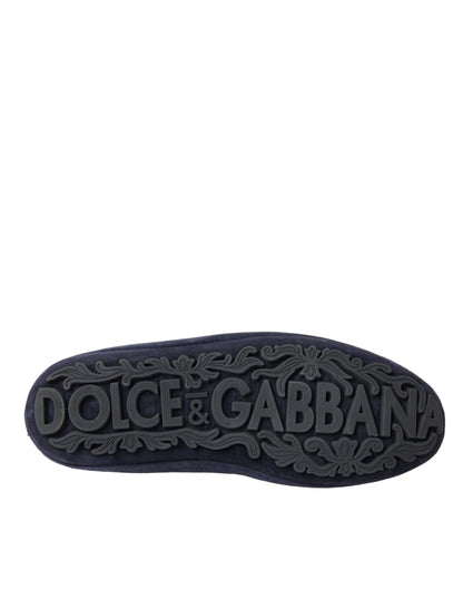 Dolce &amp; Gabbana Blue Leather Suede Crystal Crown Loafers Shoes