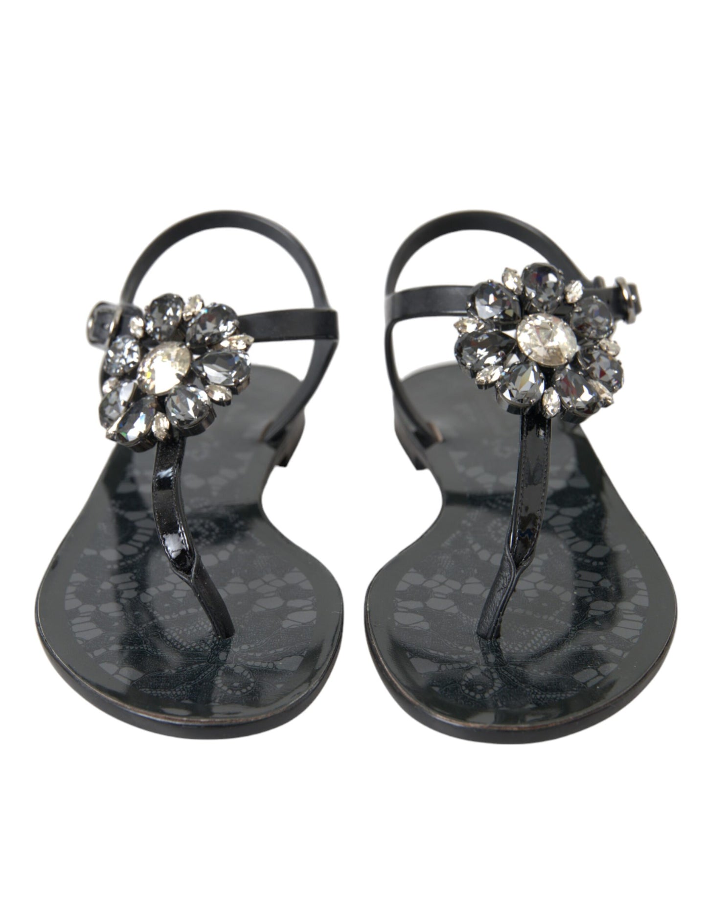 Dolce &amp; Gabbana Schwarze Kristall-Flats-Sandalen-Flip-Flops-Schuhe