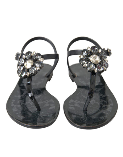 Dolce &amp; Gabbana Schwarze Kristall-Flats-Sandalen-Flip-Flops-Schuhe