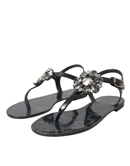 Dolce &amp; Gabbana Schwarze Kristall-Flats-Sandalen-Flip-Flops-Schuhe