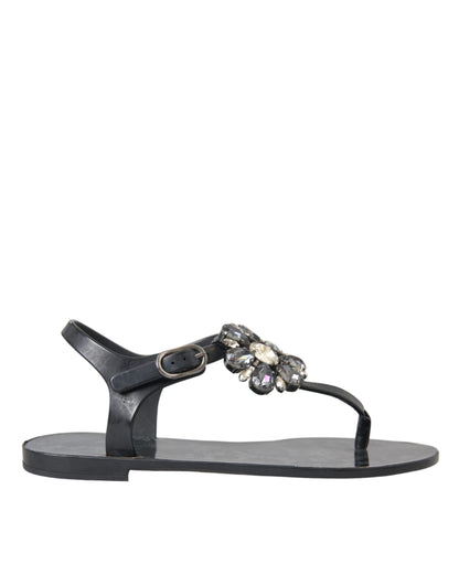 Dolce &amp; Gabbana Schwarze Kristall-Flats-Sandalen-Flip-Flops-Schuhe