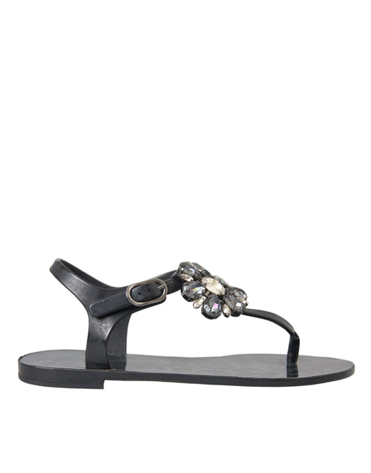 Dolce &amp; Gabbana Schwarze Kristall-Flats-Sandalen-Flip-Flops-Schuhe