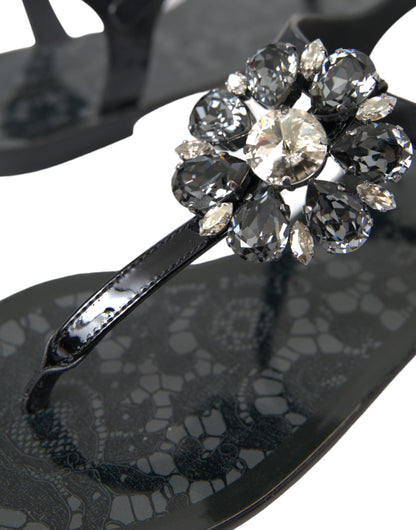 Dolce &amp; Gabbana Schwarze Kristall-Flats-Sandalen-Flip-Flops-Schuhe