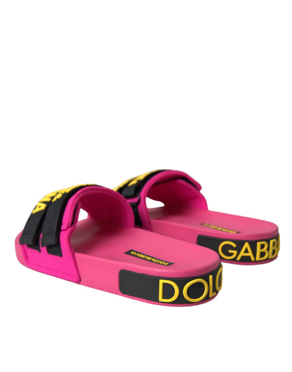 Dolce &amp; Gabbana Pink Schwarz Logo Beachwear Flats Sandalen Schuhe