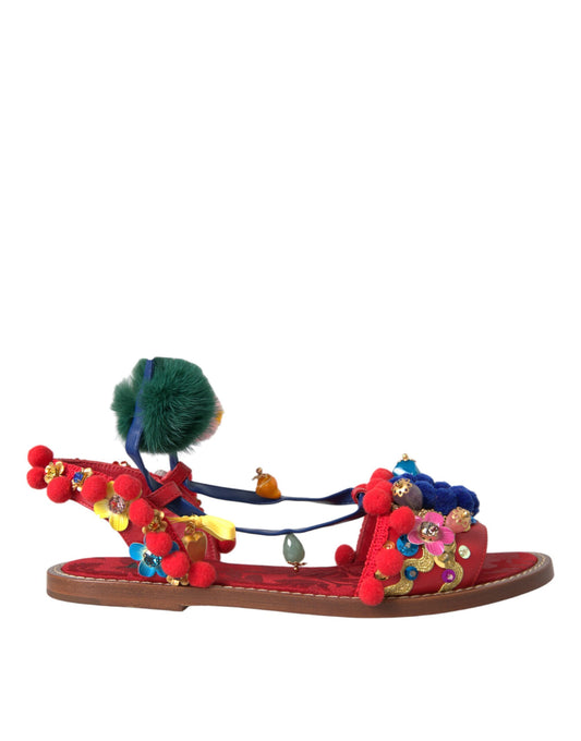 Dolce &amp; Gabbana – Sandalen mit Fellwickel in Mehrfarbig mit Pom-Pom-Muster