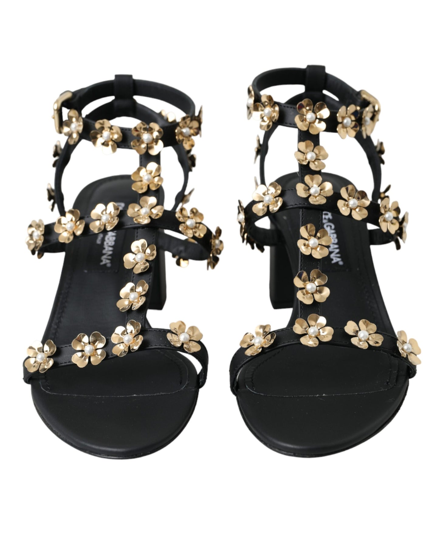 Dolce &amp; Gabbana – Schwarze Sandalen aus Leder mit verziertem Absatz