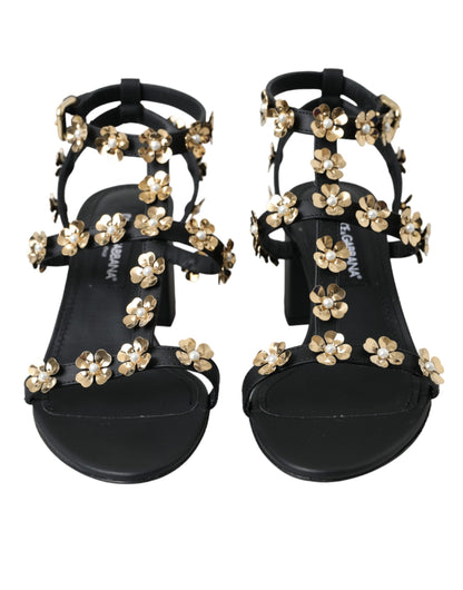 Dolce &amp; Gabbana – Schwarze Sandalen aus Leder mit verziertem Absatz