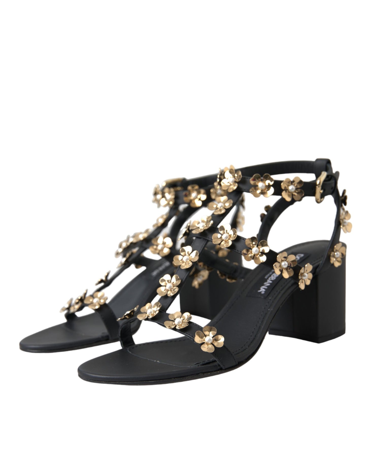 Dolce &amp; Gabbana – Schwarze Sandalen aus Leder mit verziertem Absatz