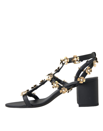 Dolce &amp; Gabbana – Schwarze Sandalen aus Leder mit verziertem Absatz