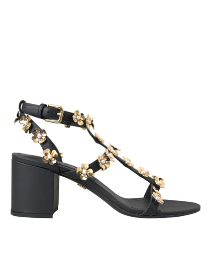 Dolce &amp; Gabbana – Schwarze Sandalen aus Leder mit verziertem Absatz