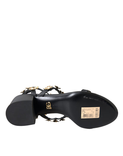 Dolce &amp; Gabbana – Schwarze Sandalen aus Leder mit verziertem Absatz