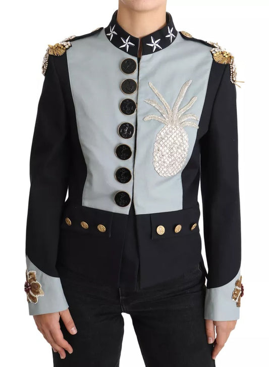 Dolce &amp; Gabbana – Blaue Baumwolljacke mit Knöpfen und Kristallverzierung