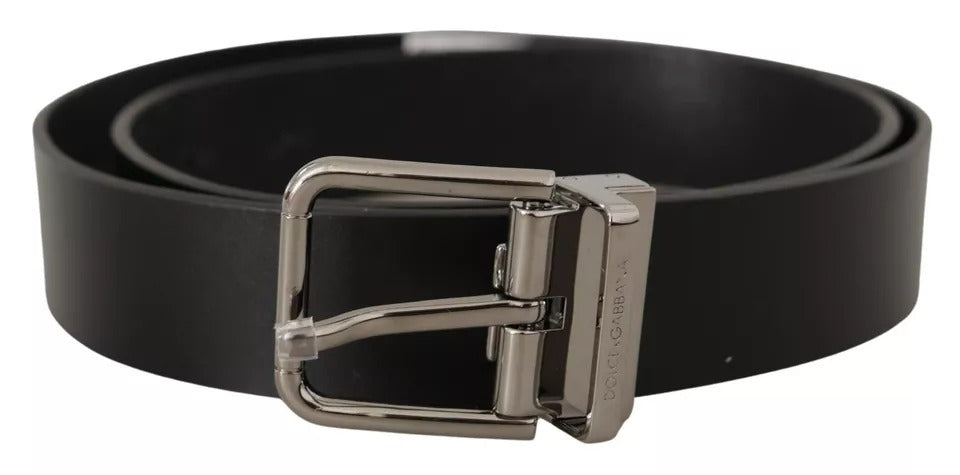 Dolce &amp; Gabbana Black Calf Leather Logo Engraved Metal Buckle Belt