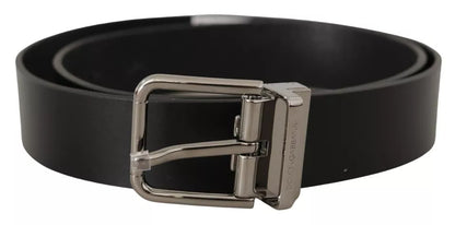 Dolce &amp; Gabbana Black Calf Leather Logo Engraved Metal Buckle Belt