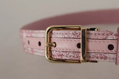 Dolce &amp; Gabbana – Rosafarbener Jacquard-Gürtel mit goldfarbener Metallschnalle und Stickerei
