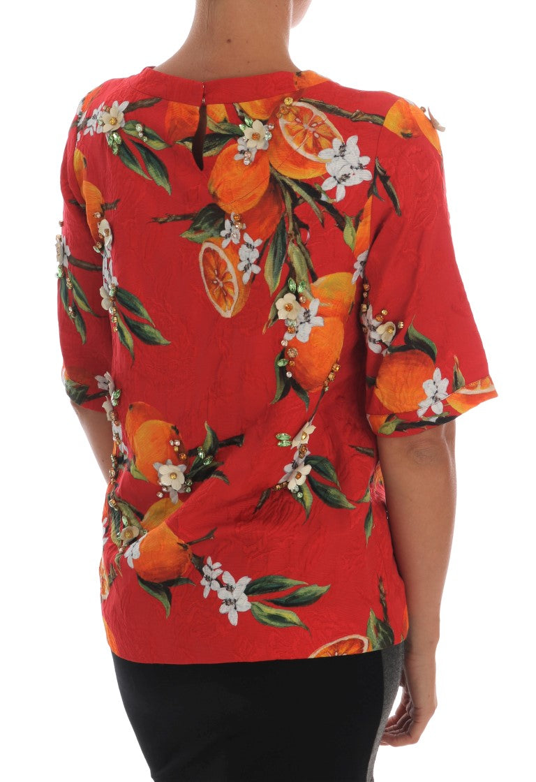 Dolce &amp; Gabbana – Bluse mit orangefarbenem Print und Kristallverzierung