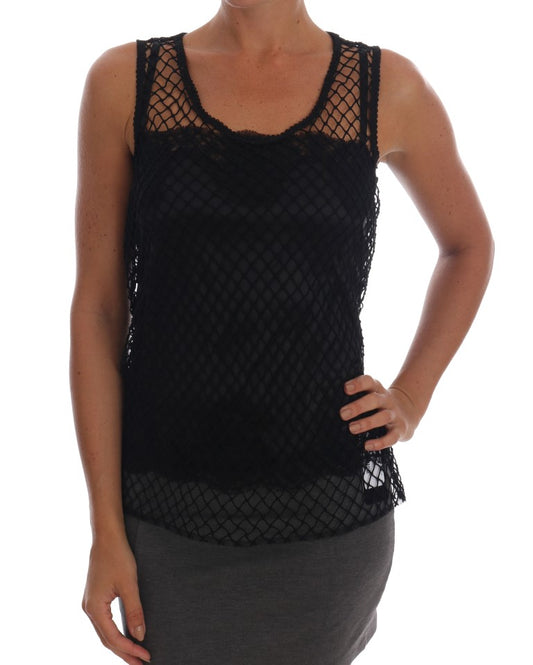 Dolce &amp; Gabbana – Schwarzes Spitzentop aus Seidennetz mit Blumenmuster