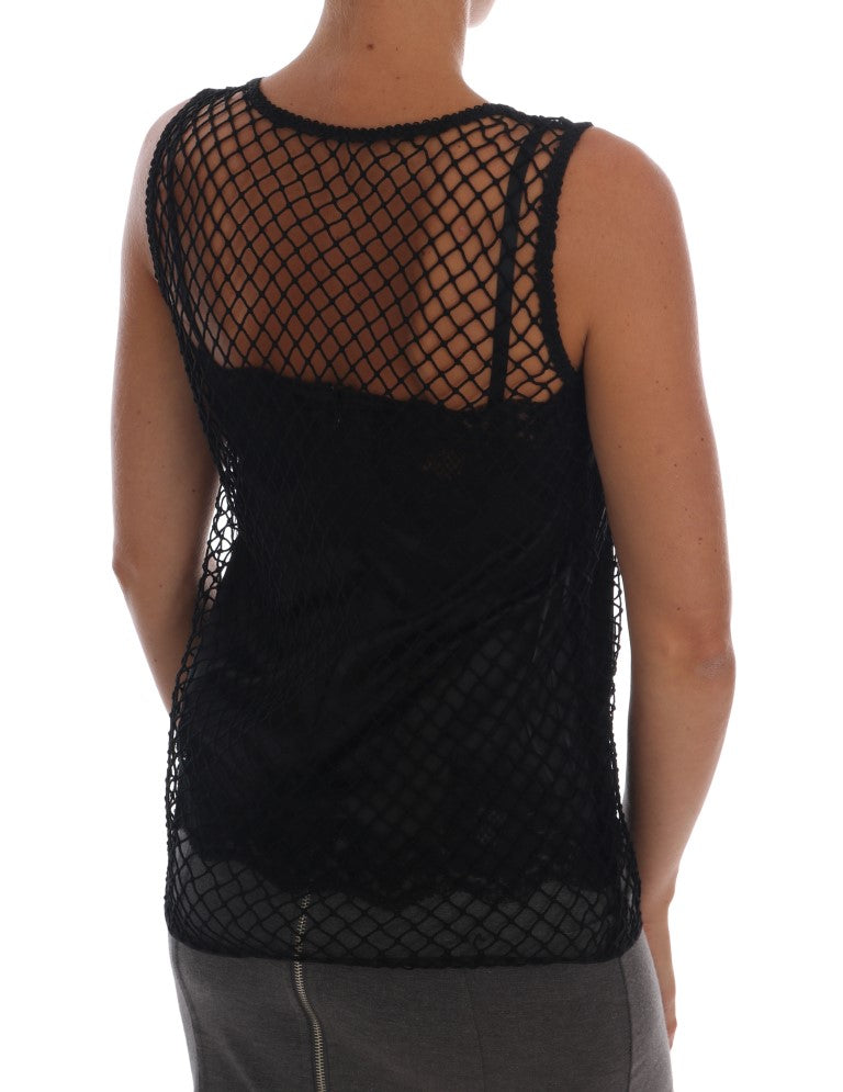 Dolce &amp; Gabbana – Schwarzes Spitzentop aus Seidennetz mit Blumenmuster