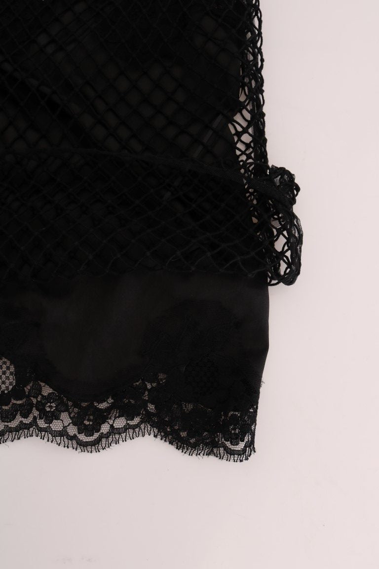 Dolce &amp; Gabbana – Schwarzes Spitzentop aus Seidennetz mit Blumenmuster
