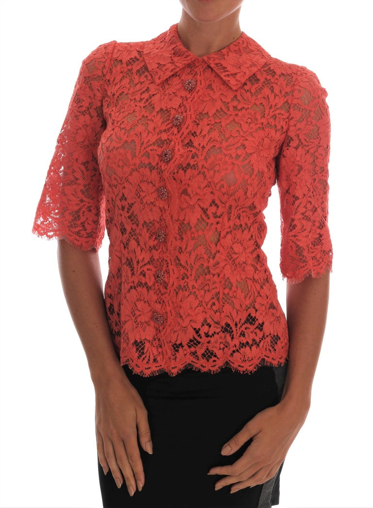 Dolce &amp; Gabbana – Orangefarbene Bluse mit Blumenspitze und Kristallknöpfen