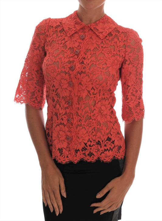 Dolce &amp; Gabbana – Orangefarbene Bluse mit Blumenspitze und Kristallknöpfen