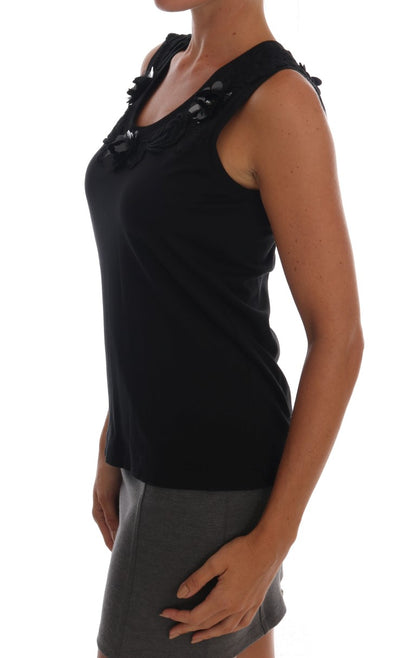 Dolce &amp; Gabbana – Schwarzes Tanktop aus Baumwolle mit Blumenmuster und Kristallen