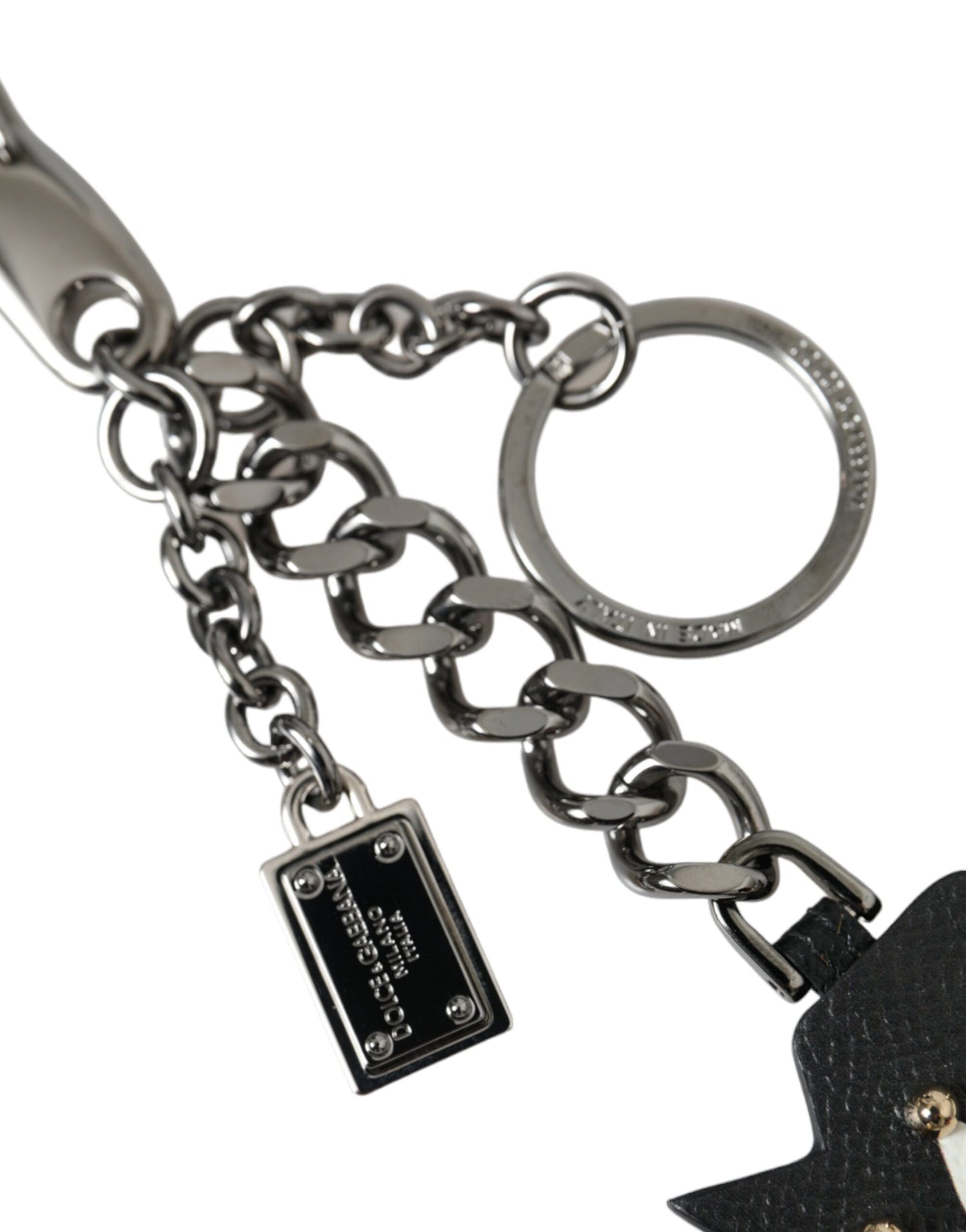 Dolce &amp; Gabbana Black Prince Studs Logo Silver Brass Keychain Keyring