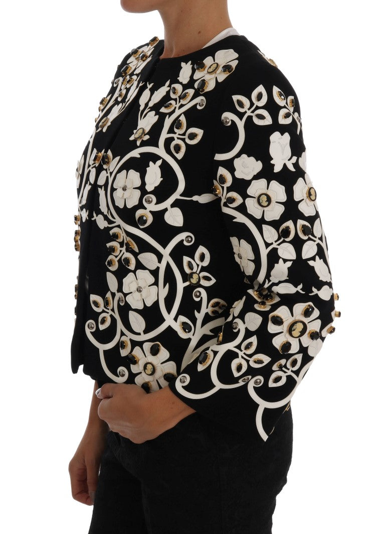 Dolce &amp; Gabbana Schwarze Jacke mit Barock-Blumen und Kristallen