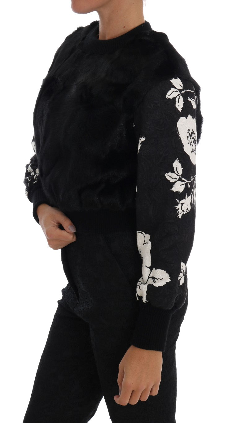 Dolce &amp; Gabbana – Schwarzer Pullover mit Reißverschluss aus Brokat mit Blumenmuster und Pelz
