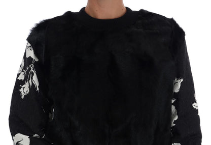 Dolce &amp; Gabbana – Schwarzer Pullover mit Reißverschluss aus Brokat mit Blumenmuster und Pelz